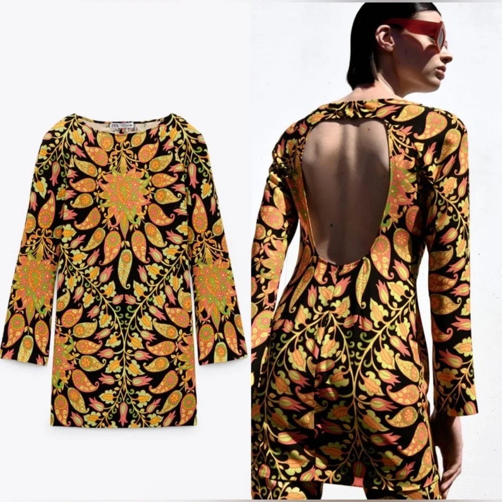 NWT! Zara size medium long sleeve printed mini boho dress multicolored pattern - Picture 11 of 15